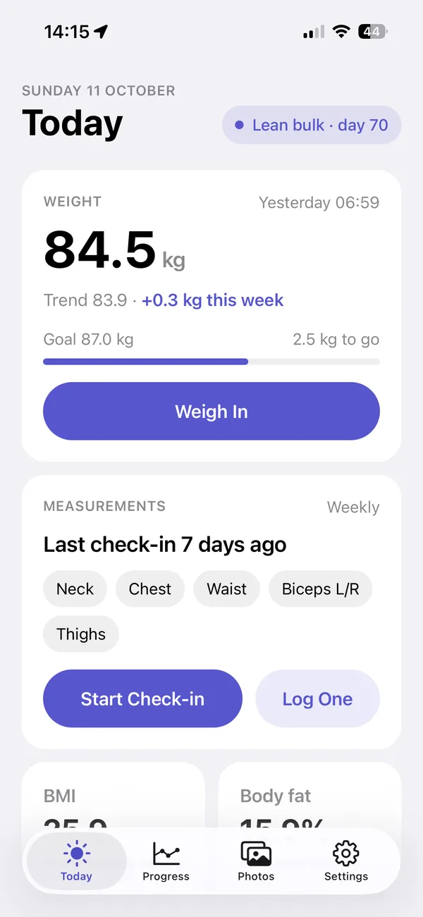 Today screen with weight, measurements, BMI and body fat