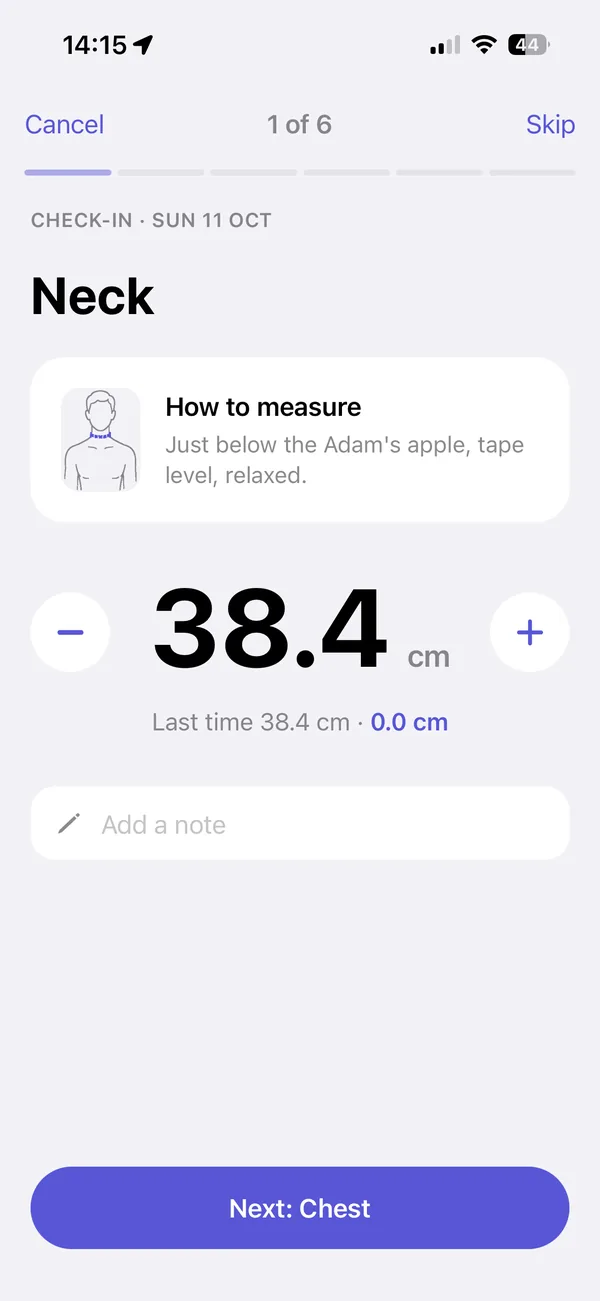 Check-in screen with a guide on how to measure the neck